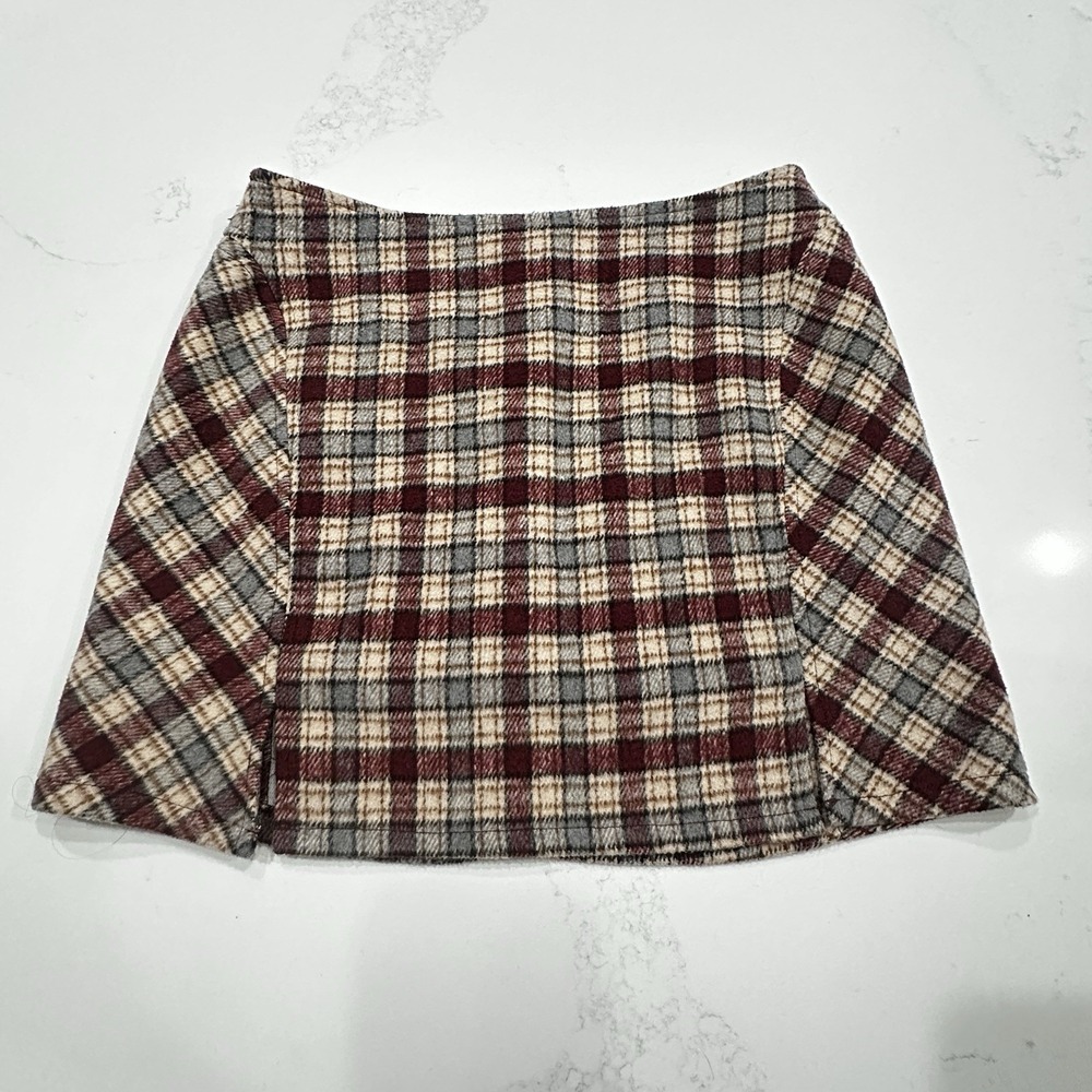 Y2K Plaid Mini Skirt Wool Blend Burgundy Green Cream A-Line Retro Side Slits